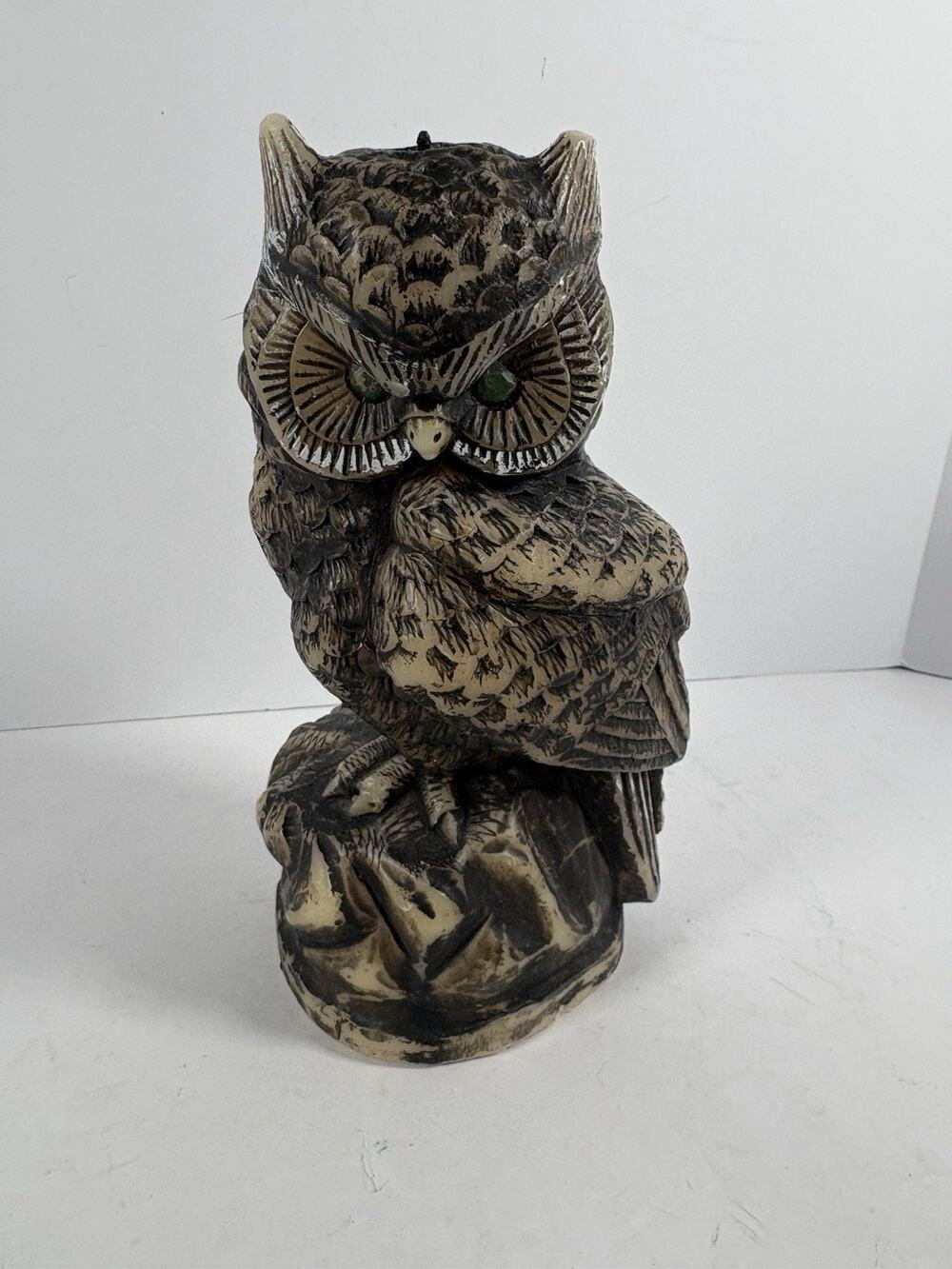 Vintage Owl Shaped Candle 10in Hand Painted Green Eyes Rustic Decor Used
